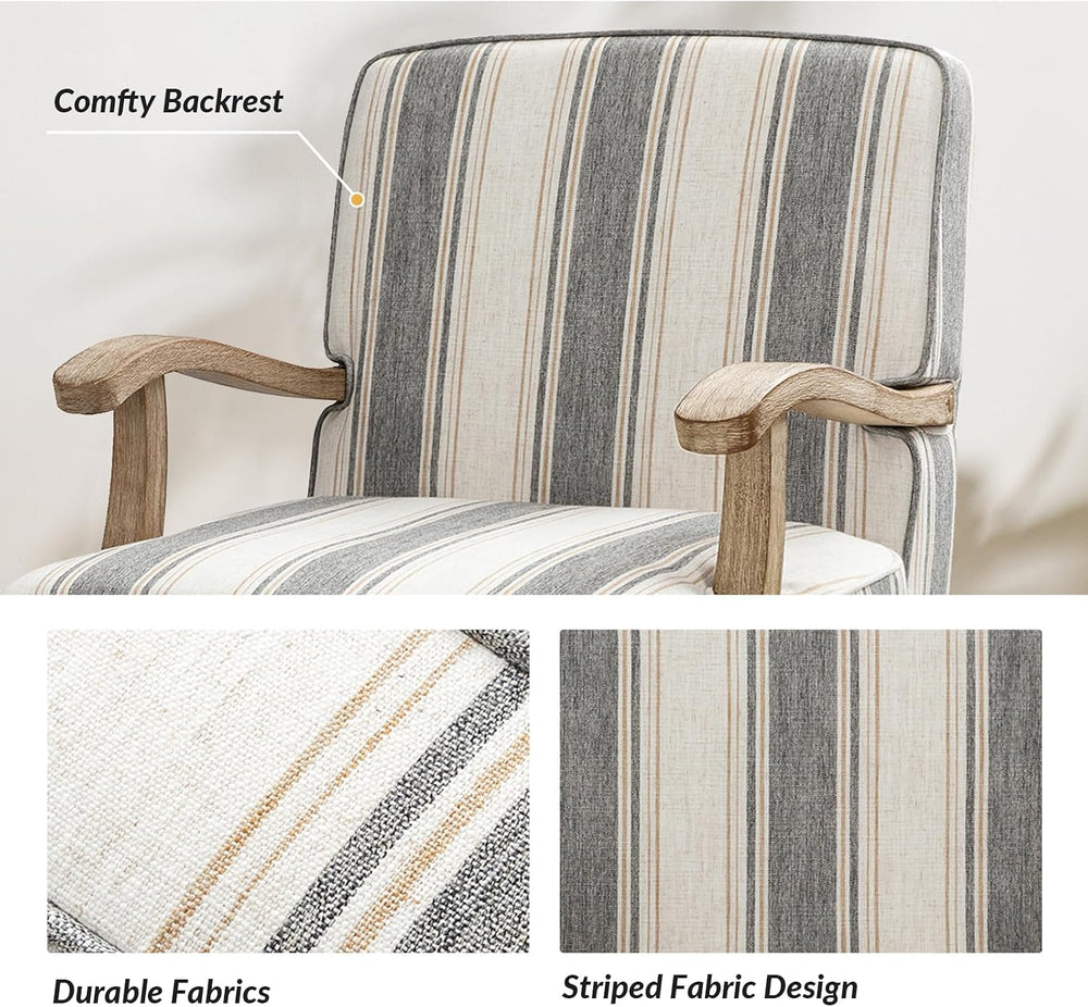 HULALA HOME Farmhouse Striped Accent Chair with Solid Wood Legs, Dark Grey