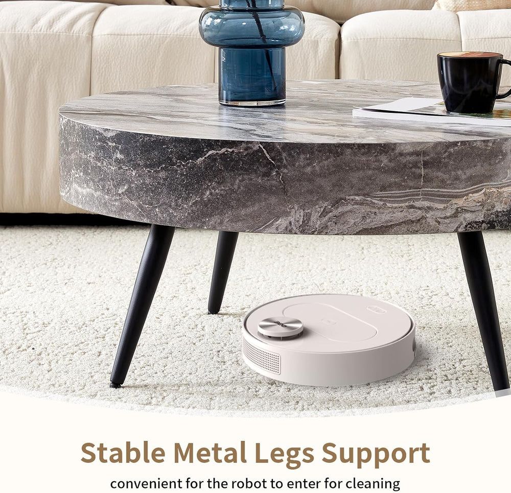 Round Coffee Table, Small Wood Marble Coffee Table with Metal Legs, Modern Mi...