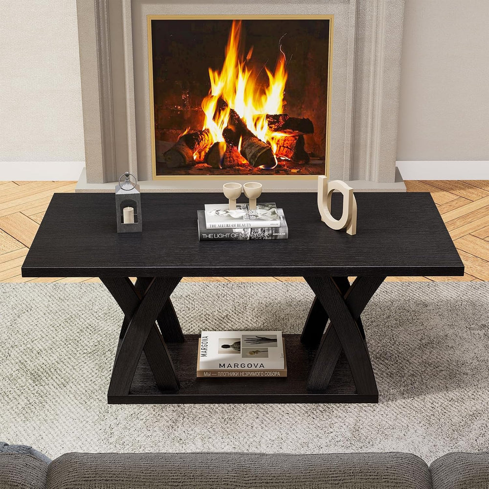 FROMJBEST Wood Coffee Table for Living Room, 47" Center Table, Black