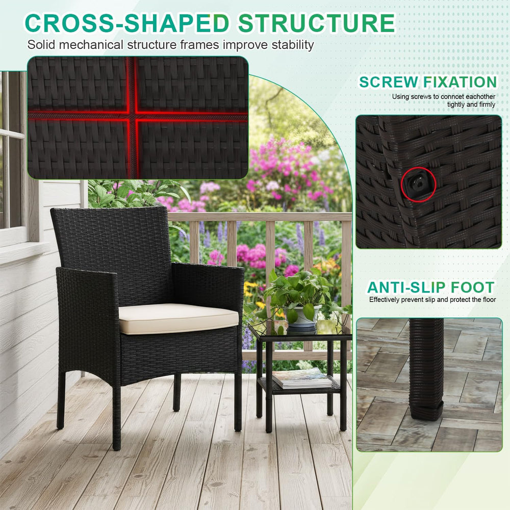 FDW 3-Piece Patio Furniture Set | Black & Khaki | Outdoor Wicker Furniture