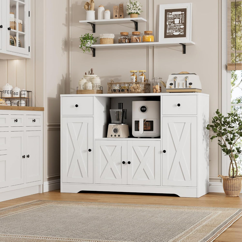 HOSTACK Microwave Cabinet with Power Outlets, 47" W Microwave Stand, White