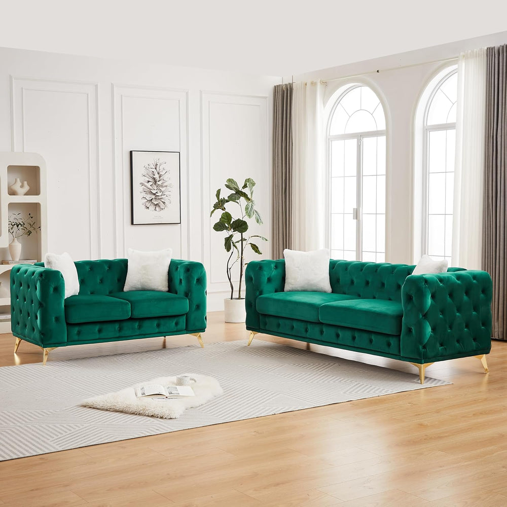 KEIKI 2-Piece Luxury Chesterfield Sofa Set with 1 Velvet 3-Seater Sofa & ...