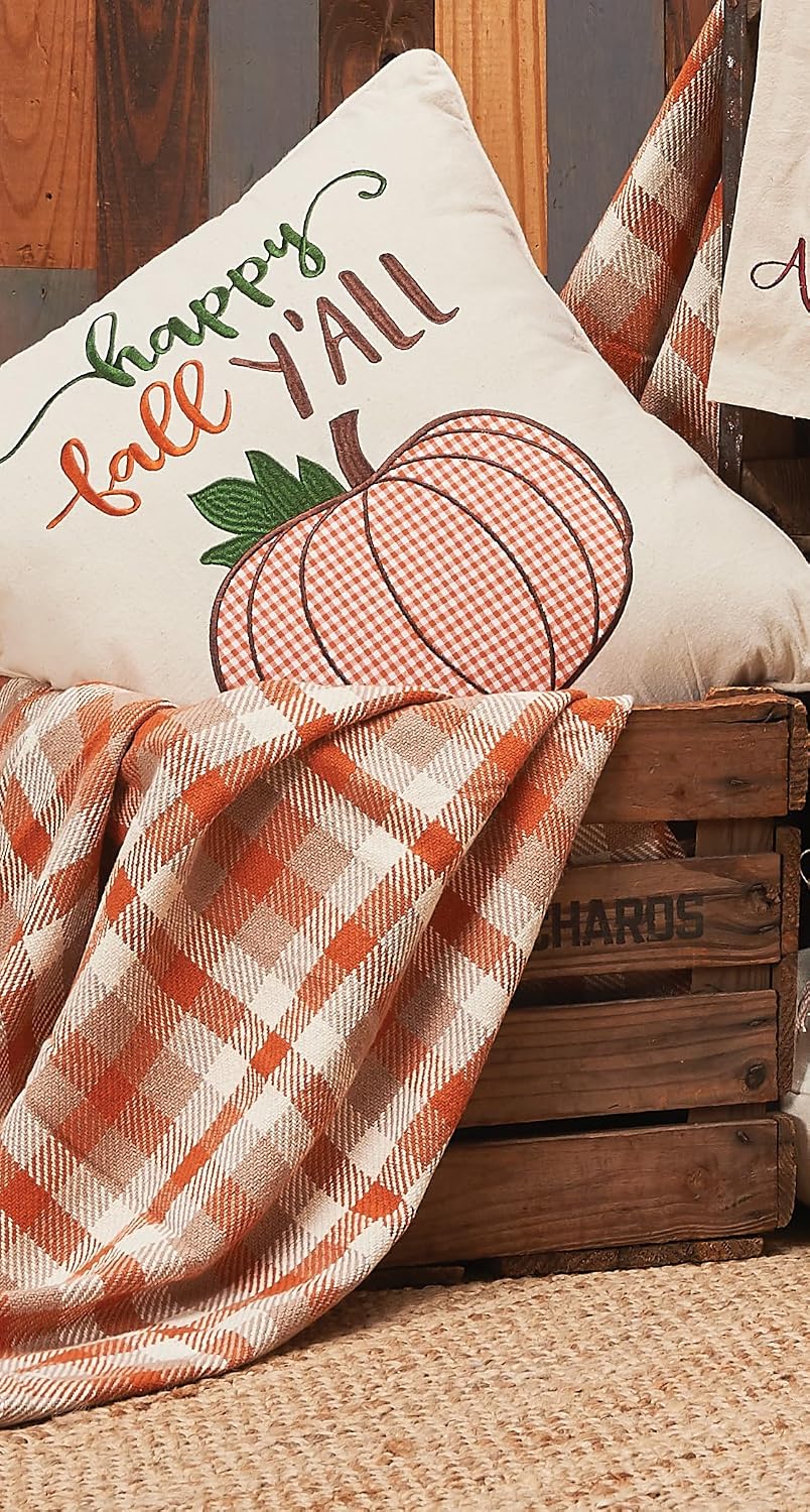 Dunmore Plaid Pumpkin Orange 100% Cotton Handwoven Accent Throw Blanket