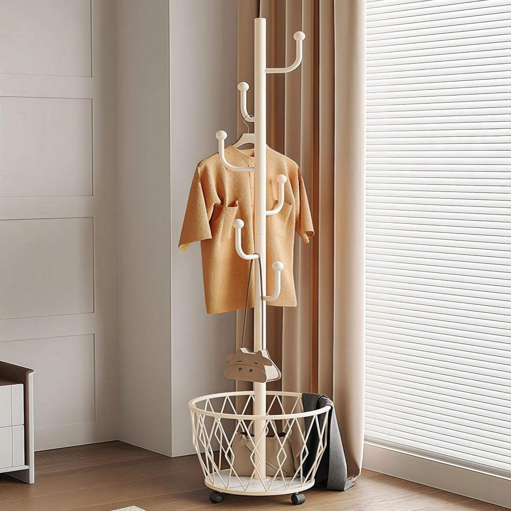 Off-White Moveable Cactus Metal Coat Rack with Basket Freestanding
