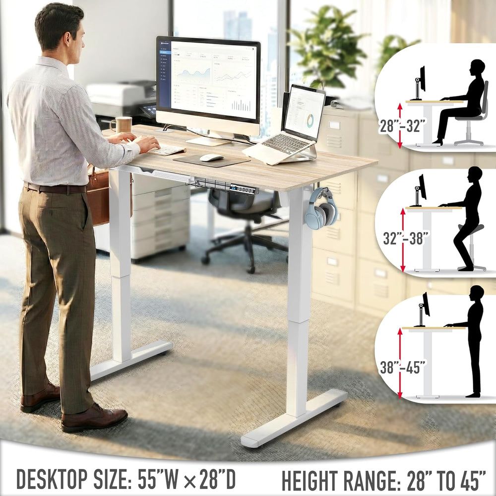SHW 55 x 28 Electric Height Adjustable Standing Desk w/Drawer, Maple