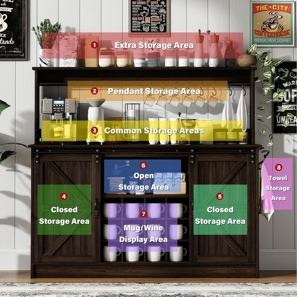 4ever2buy 55" Farmhouse Coffee Bar Cabinet with Storage Hutch, Oak