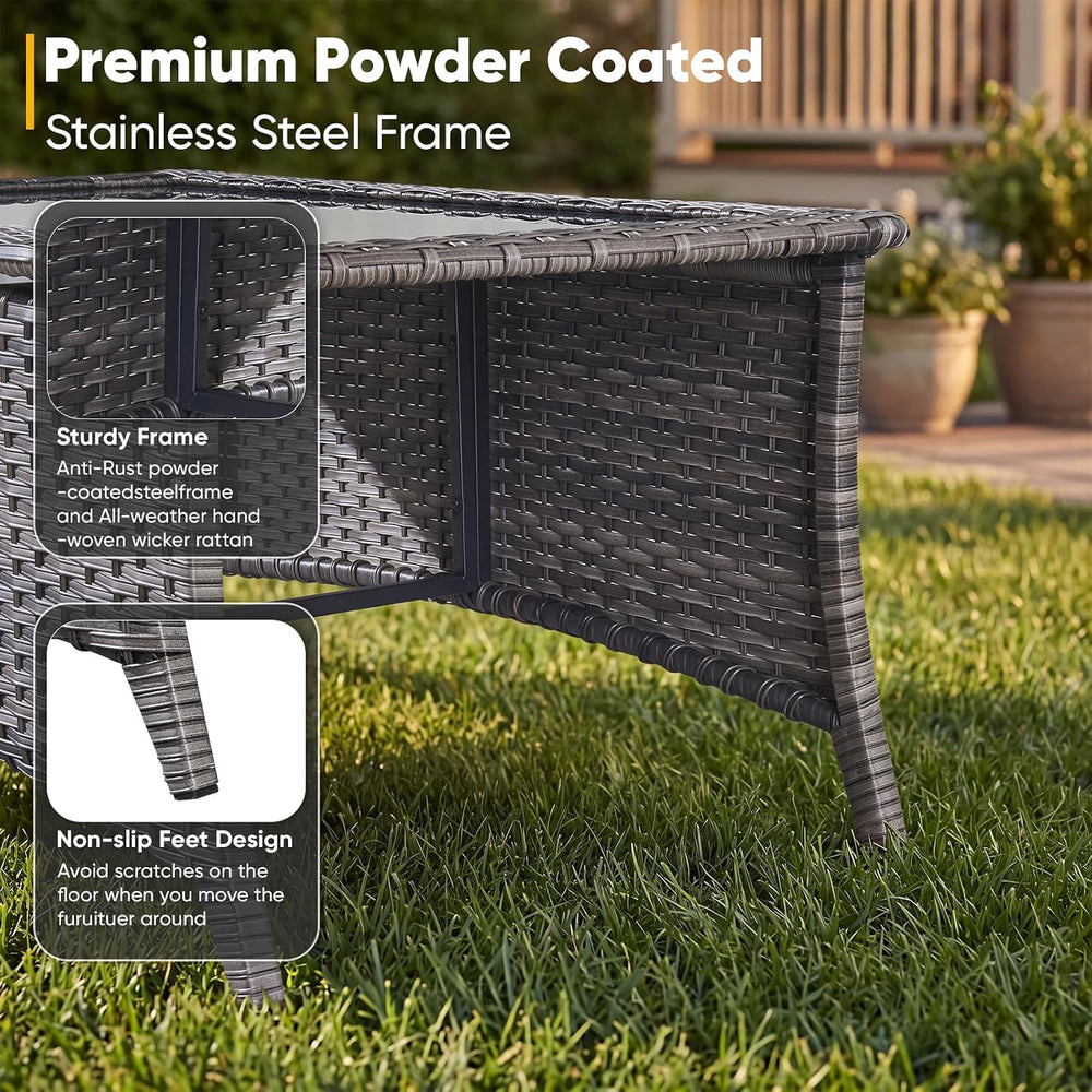 Belord Patio Coffee Table Outdoor Rectangular Glass Table, Handwoven Rattan P...