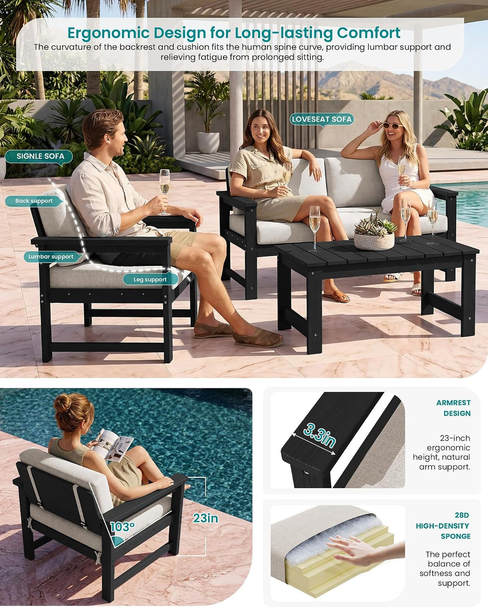 SERWALL 2 Pieces HDPE Cushioned Single Adirondack Armchair Sofa Set