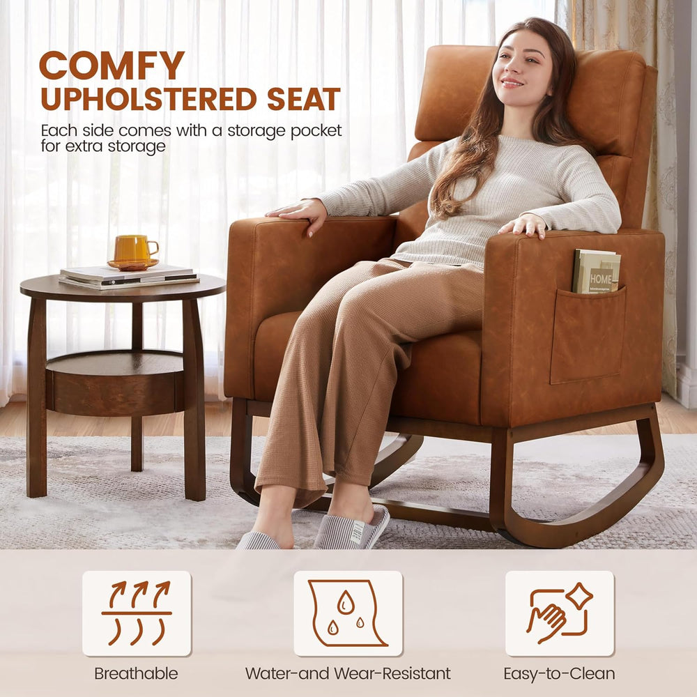 Yaheetech 28in Wide Padded High Back Glider Rocking Chair, Brown Leather