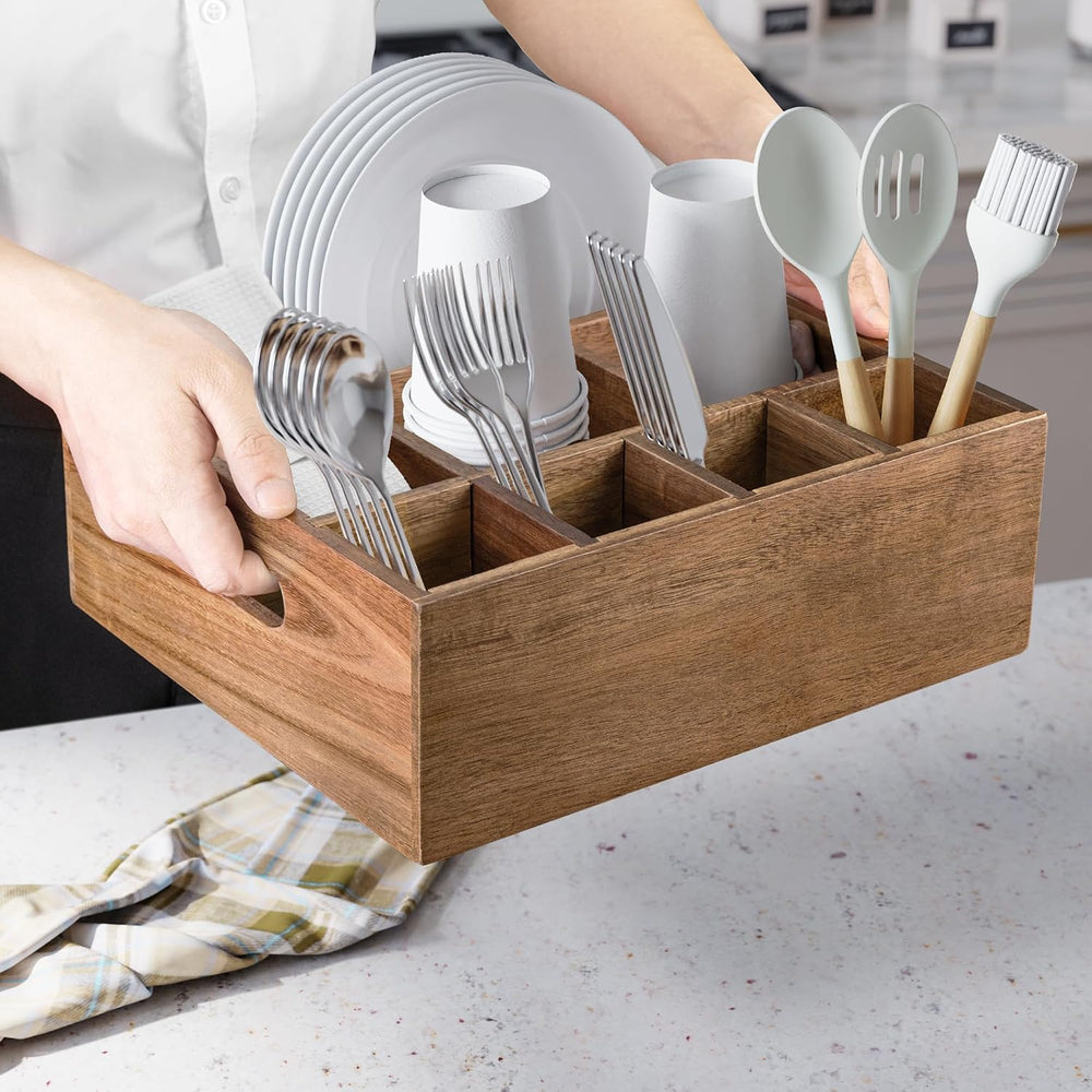 VaeFae Acacia Silverware Caddy, Utensil Holder with Handle