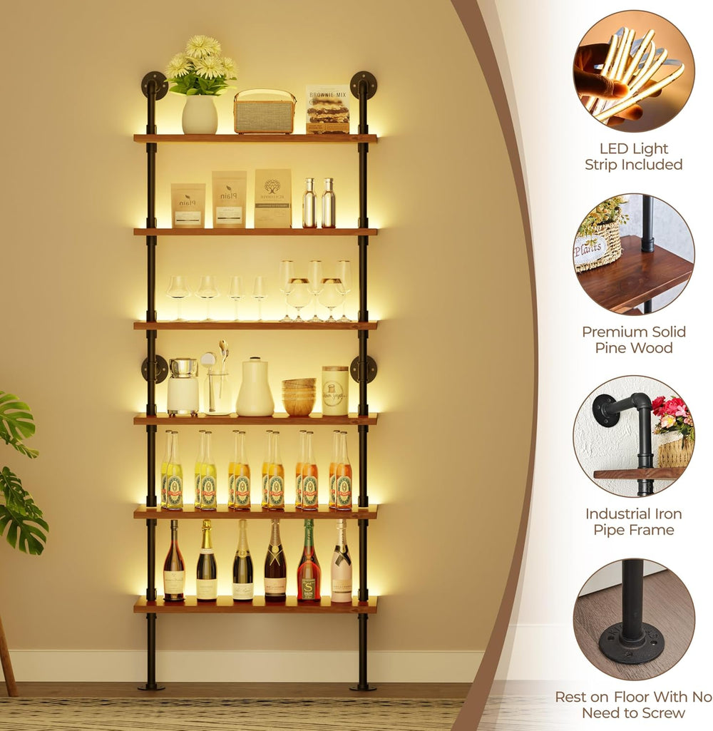 6-Tier LED Ladder Shelf, Wall Mounted Pipe Bookshelf, Walnut Brown 36 Inch