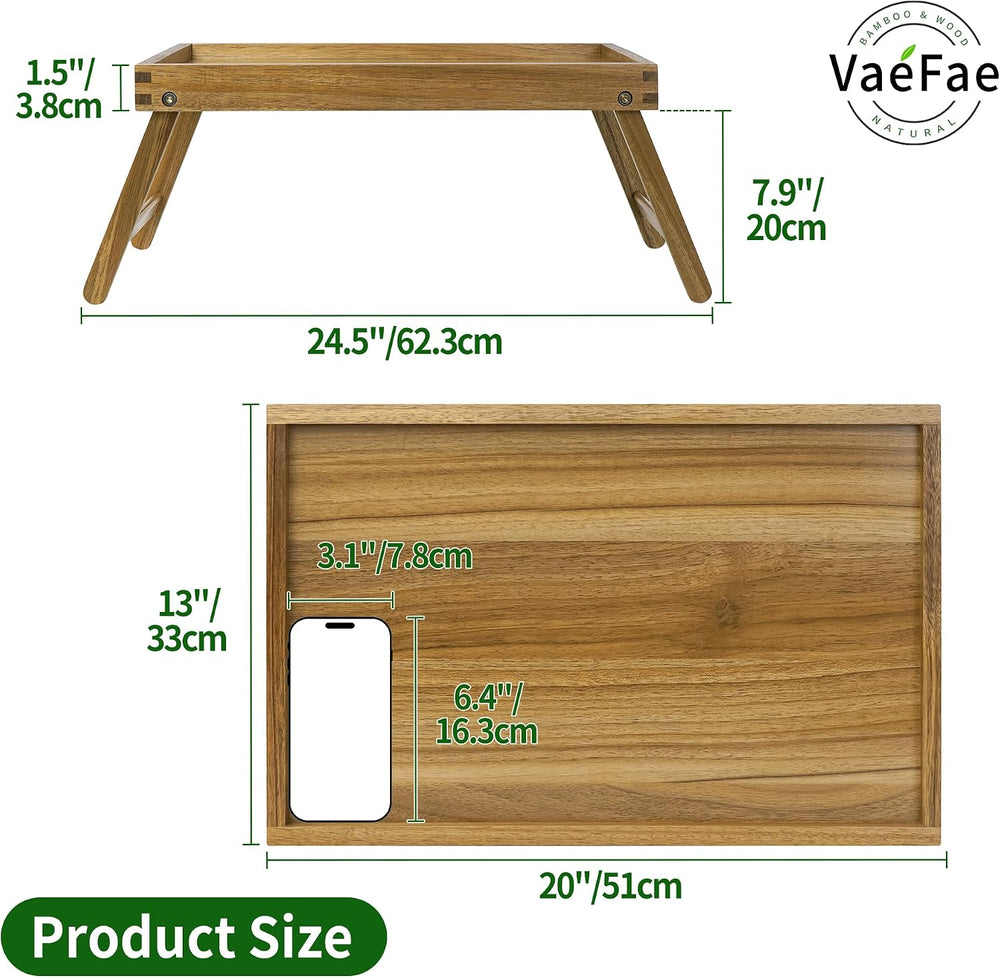 VaeFae Acacia Bed Tray Table with Folding Legs, Large