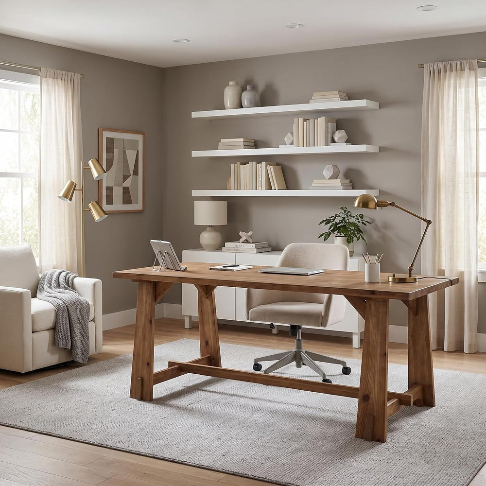 LITTLE TREE 63" Long Large Wood Desks, Farmhouse Office Desk