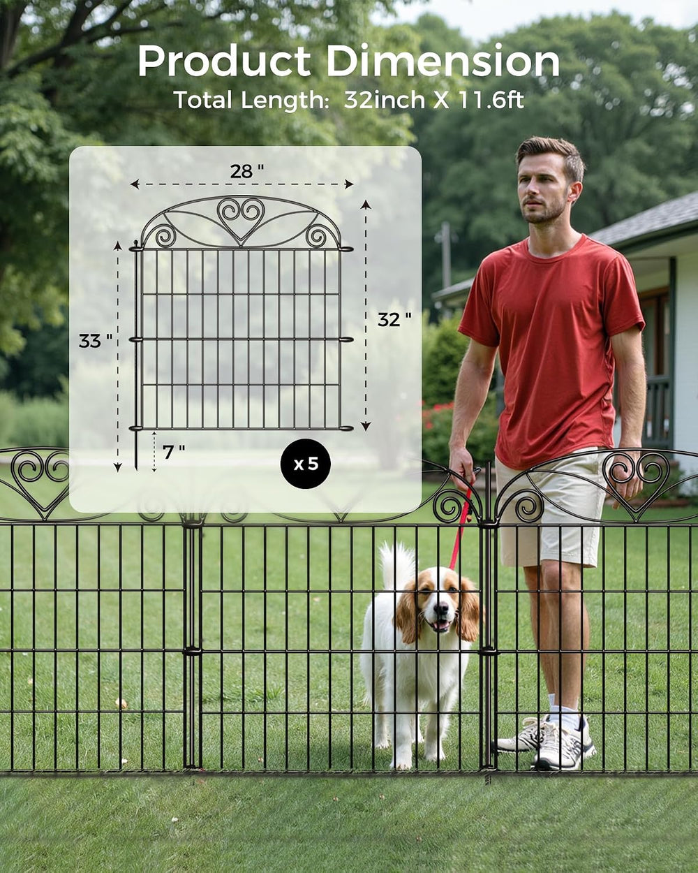 5 Panels No Dig Decorative Outdoor Garden Fence, 32 in(H) X 11.8 ft(L) Animal...