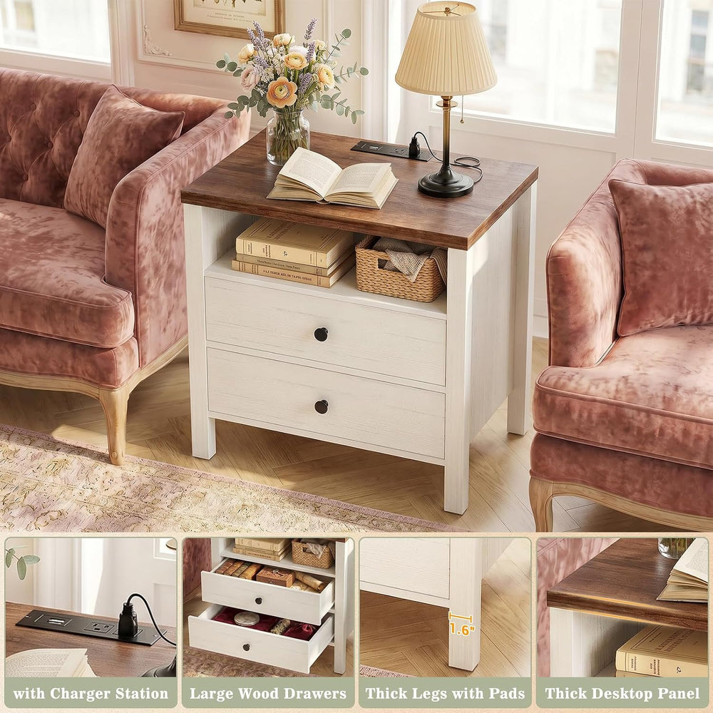 Aheaplus Nightstands Set of 2, 2 Drawers Night Stand with Charging Station