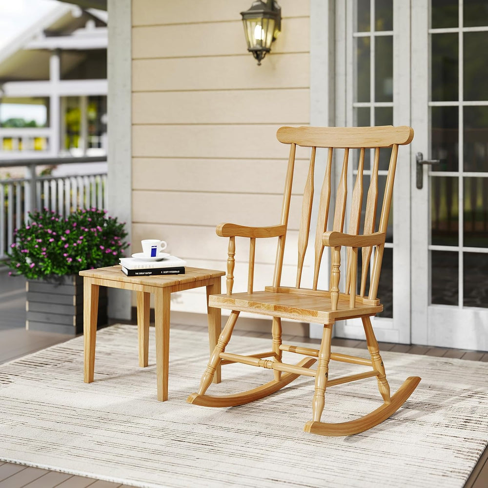 Tangkula Patio Rocking Chair, Solid Rubber Wood Frame, Natural, 1 Pack