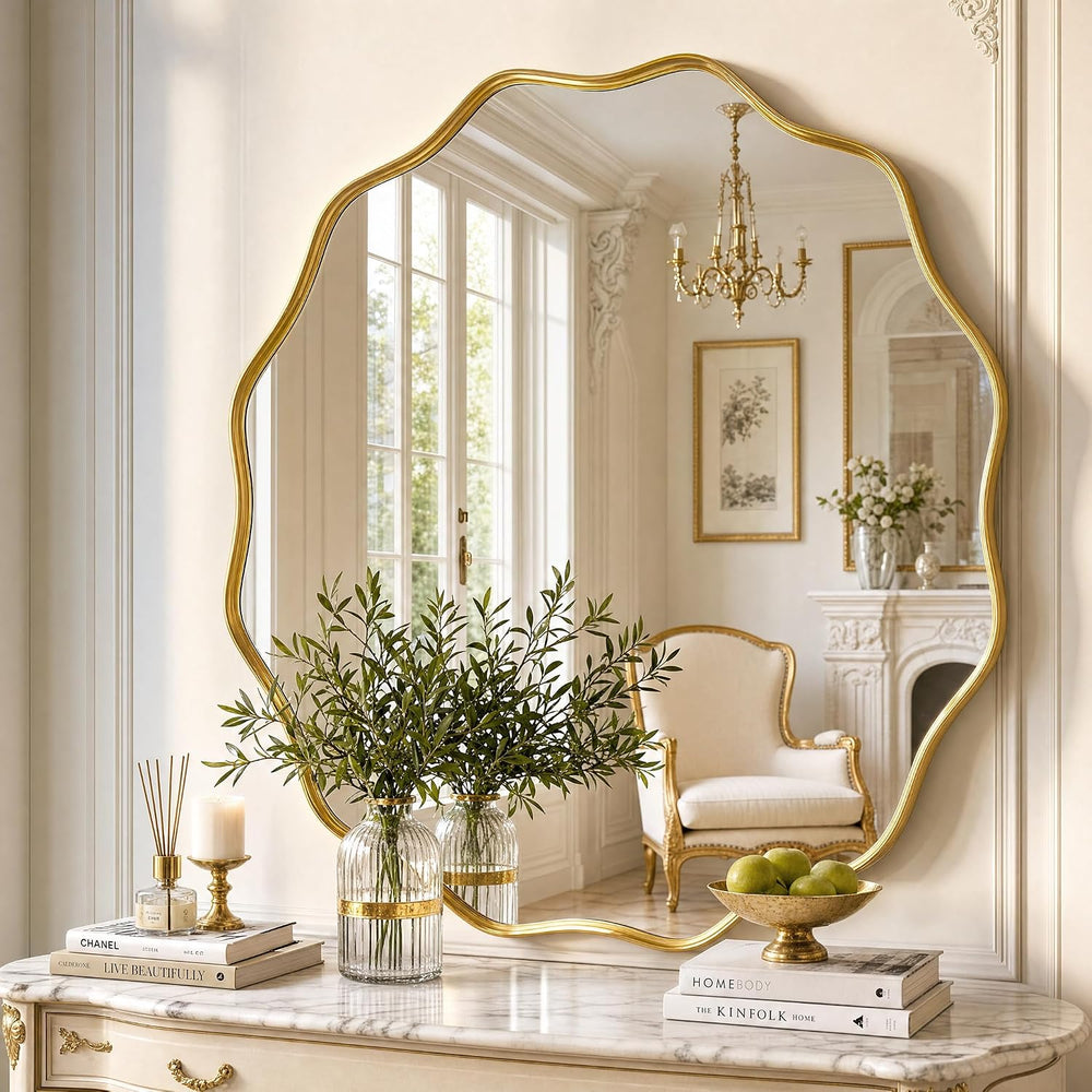 Gold Scalloped Circle Mirror 36" Wavy Edge Round Wall Mirror