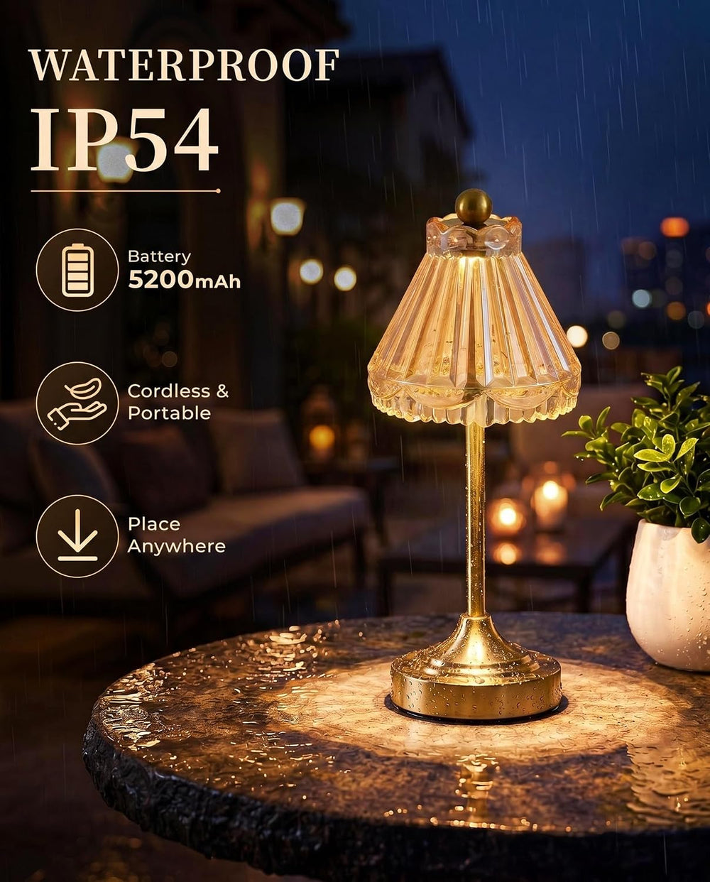 Cordless Small Table Lamp, 5200mAh Rechargeable Glass Lamp