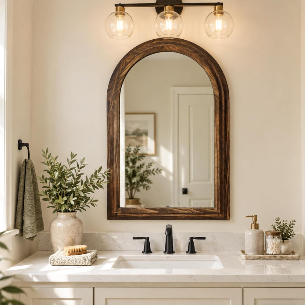 Perfnique Arched Bathroom Mirror, 36"x24" Solid Wood Frame Vanity M...