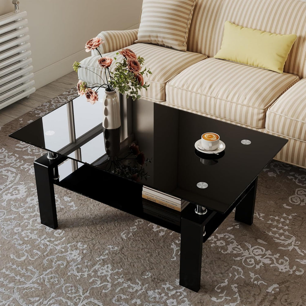 IANIYA Modern Living Room Coffee Table, Glass Center Table, Black