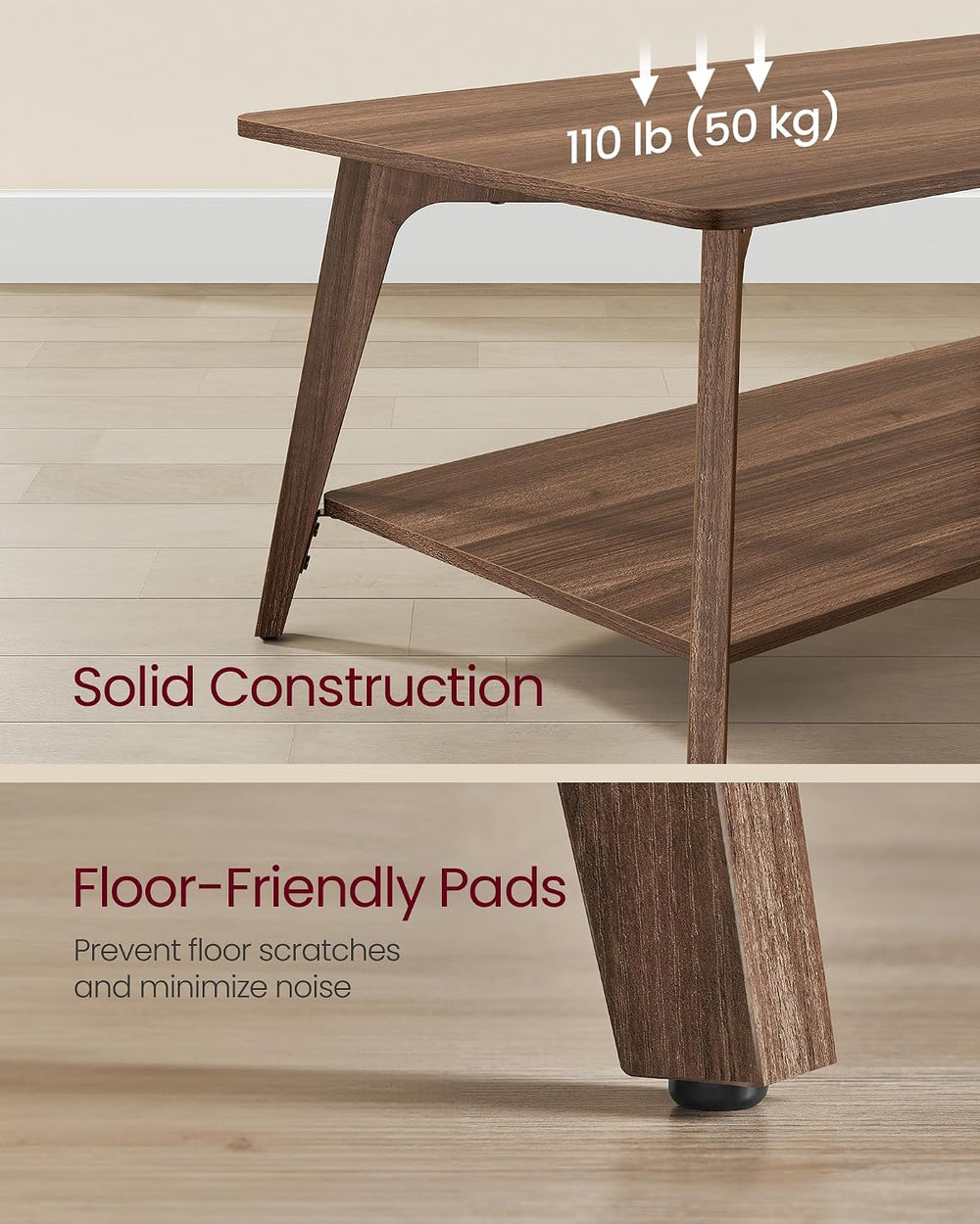 VASAGLE Coffee Table, 2-Tier Center Table with Storage, Tapered Legs