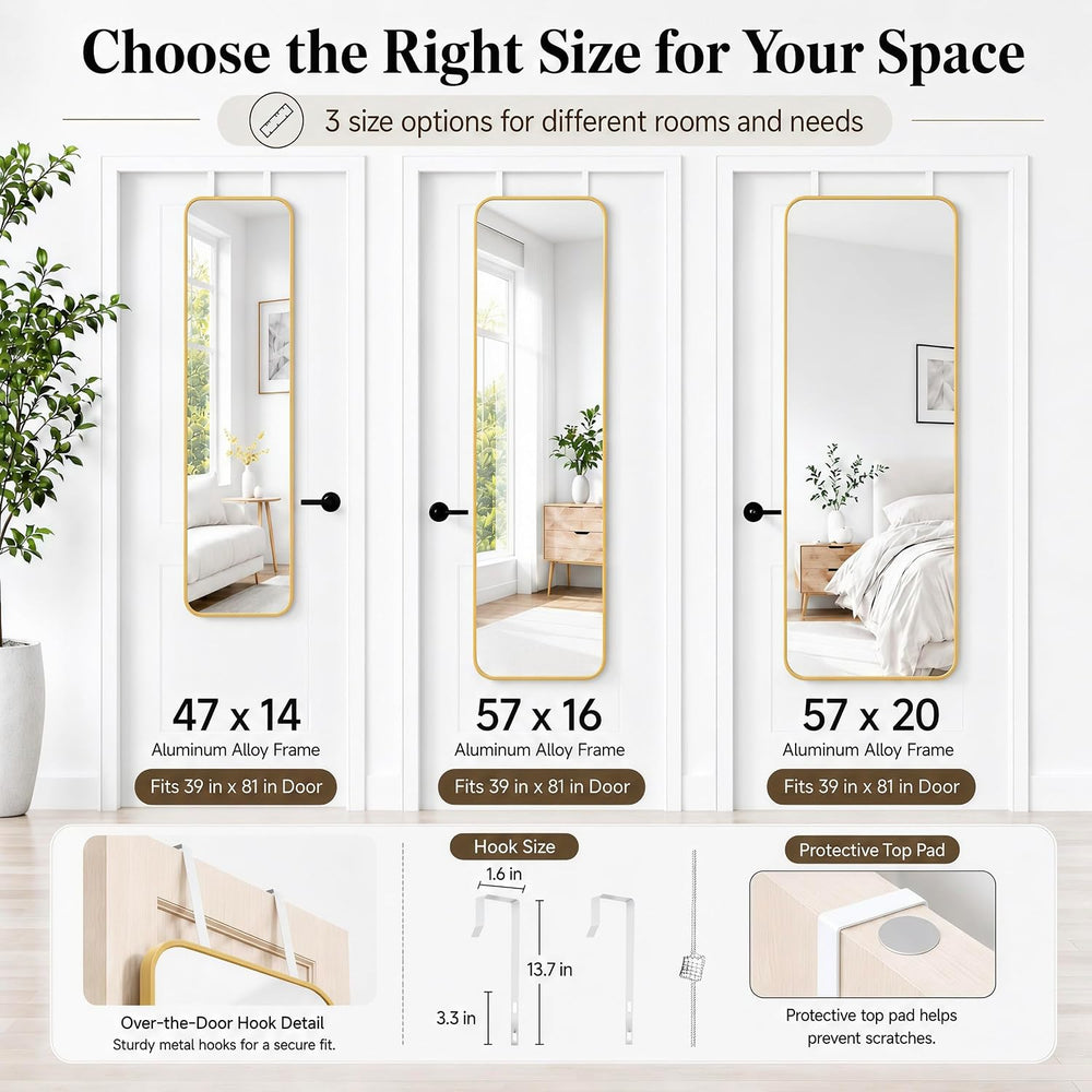 47x14" Full Length Mirror Over the Door Hang or Wall Mounted Gold