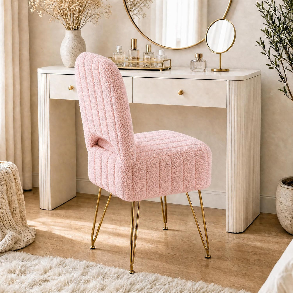 Garvee Vanity Stool Chair with Backrest & Storage,Boucle Fabric,Pink,Large