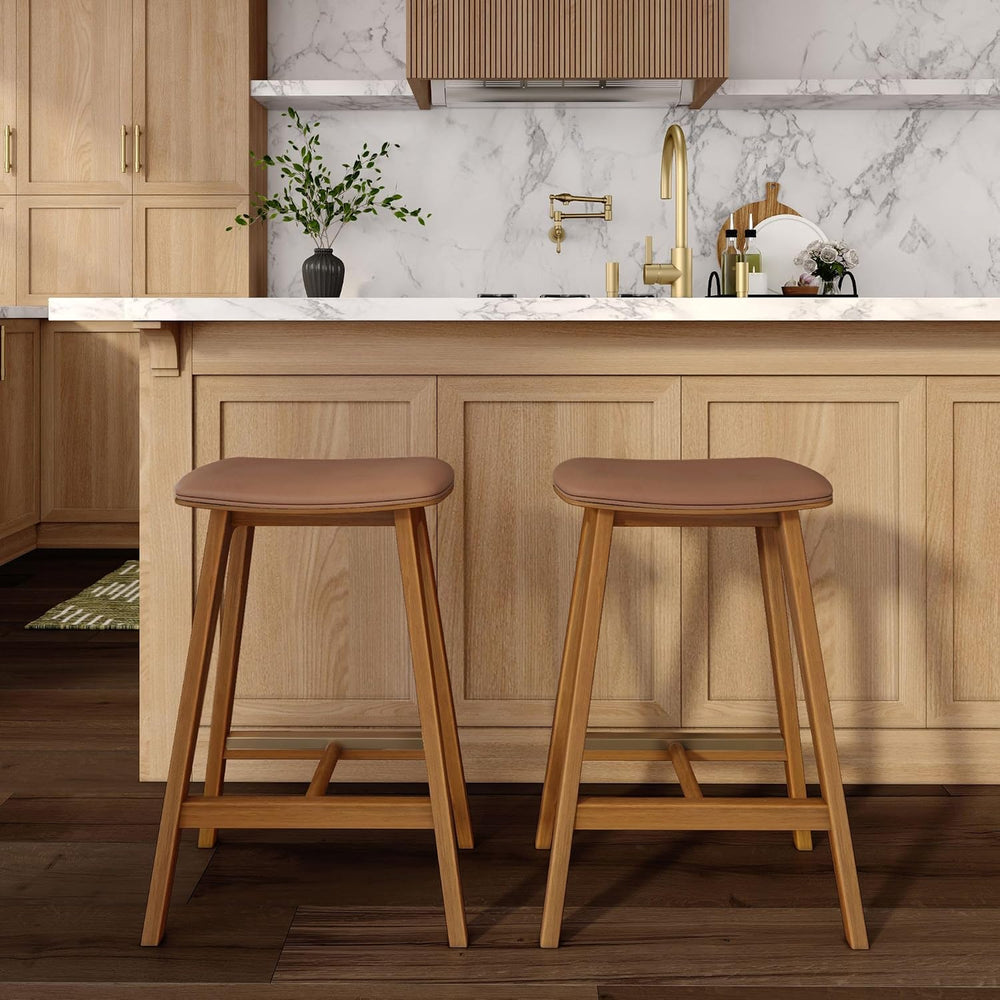 Plank+Beam Beryl Bar Stool, Upholstered, Set of 2, Pecan/Toffee