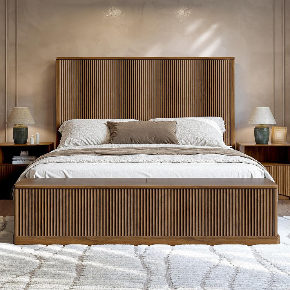 Evermagin Fluted Walnut King Bed Frame with 51'' Headboard & Stor...