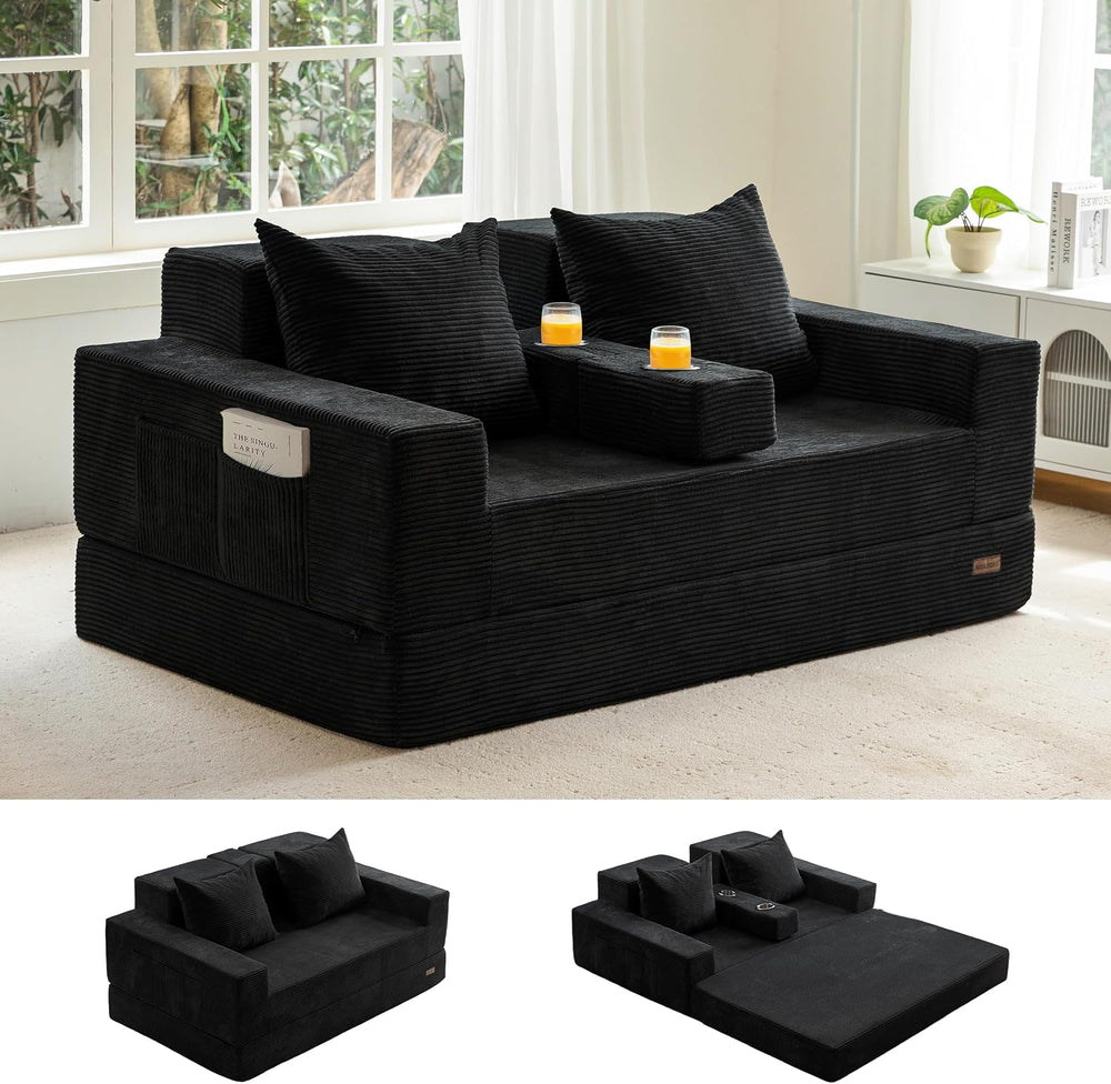 MAXYOYO Sofa Bed, 64-Inch Boneless Loveseat with 2 Cup Holders