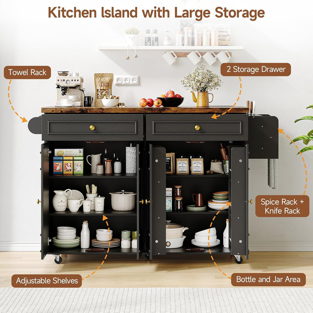 ComfyCorner 58" Rolling Kitchen Islands, Mobile Storage Kitchen Cart Black