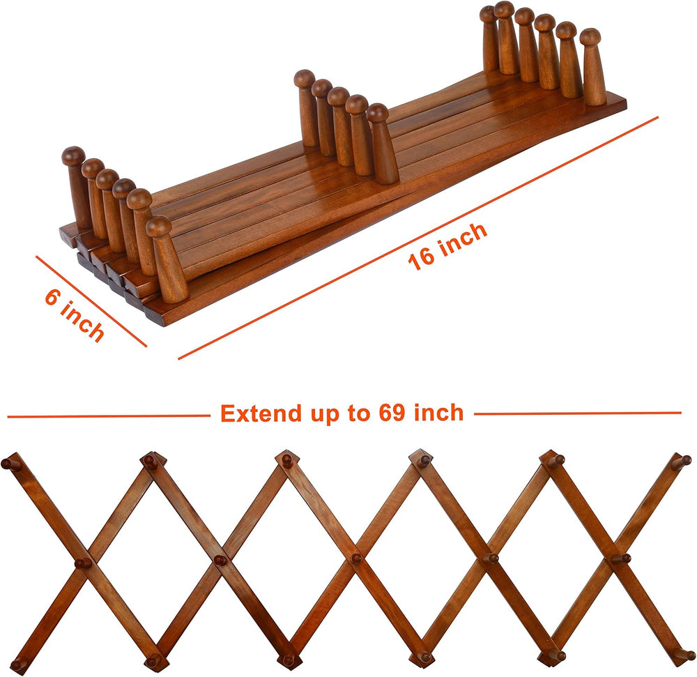 Dseap Accordian Wall Hanger: 16” High Wooden Wall Expandable Coat Rack, Hat R...