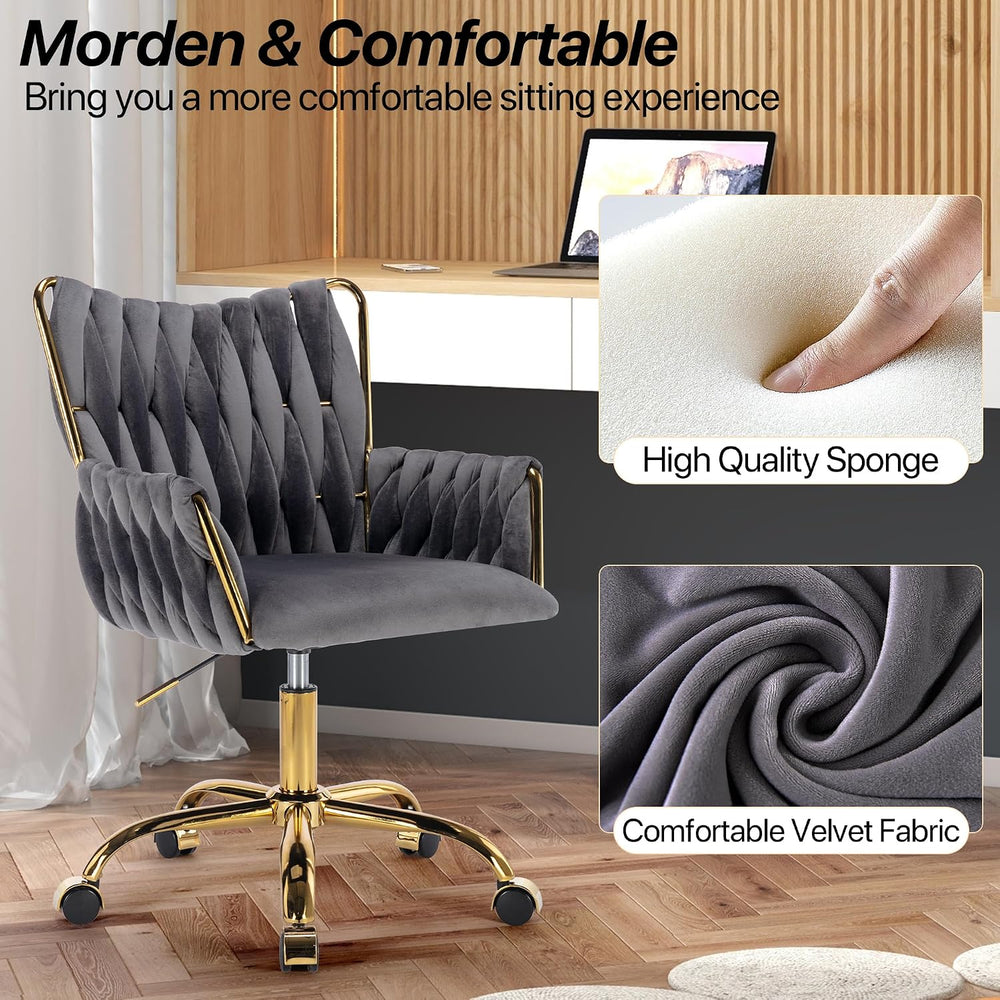 KCC Modern Velvet Home Office Desk Chair with Hand Woven Backrest,Gray