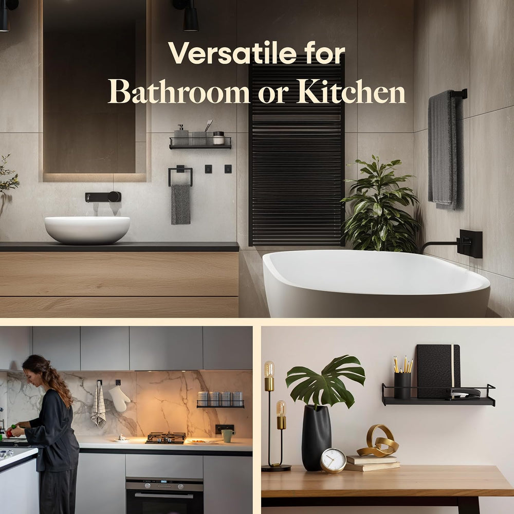 Black Bathroom Hardware Set, 5-Piece + 15.7" Shelf & 2 Adhesive Robe...