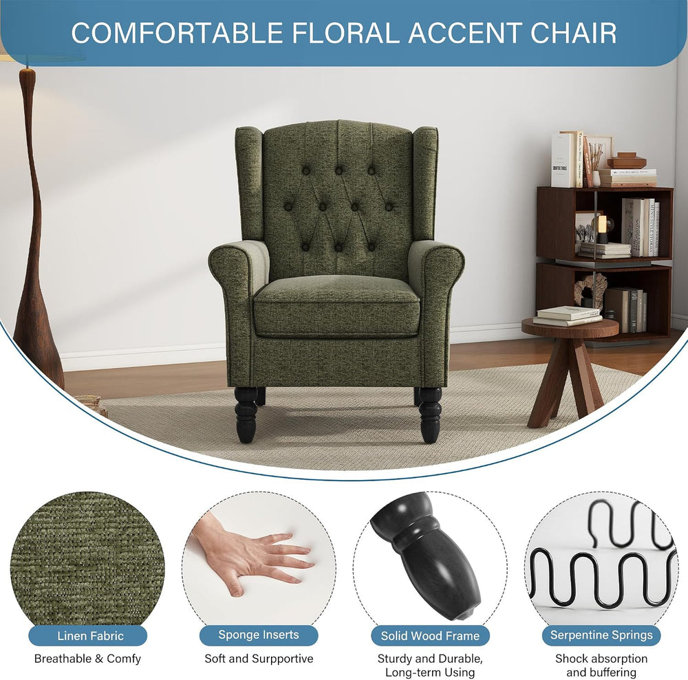 High Back Accent Chair, Fabric Upholstered Wingback Armchair, Green