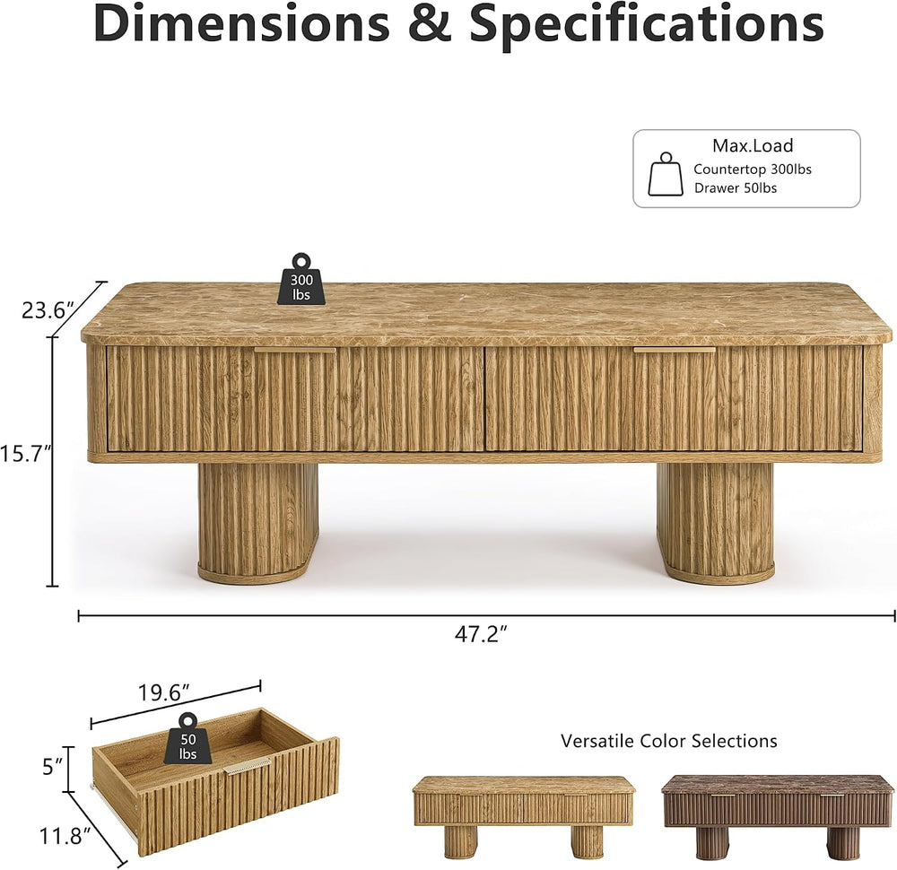 win2win Rectangle Coffee Table with Storage, Faux Marble Top, Boho,Oak