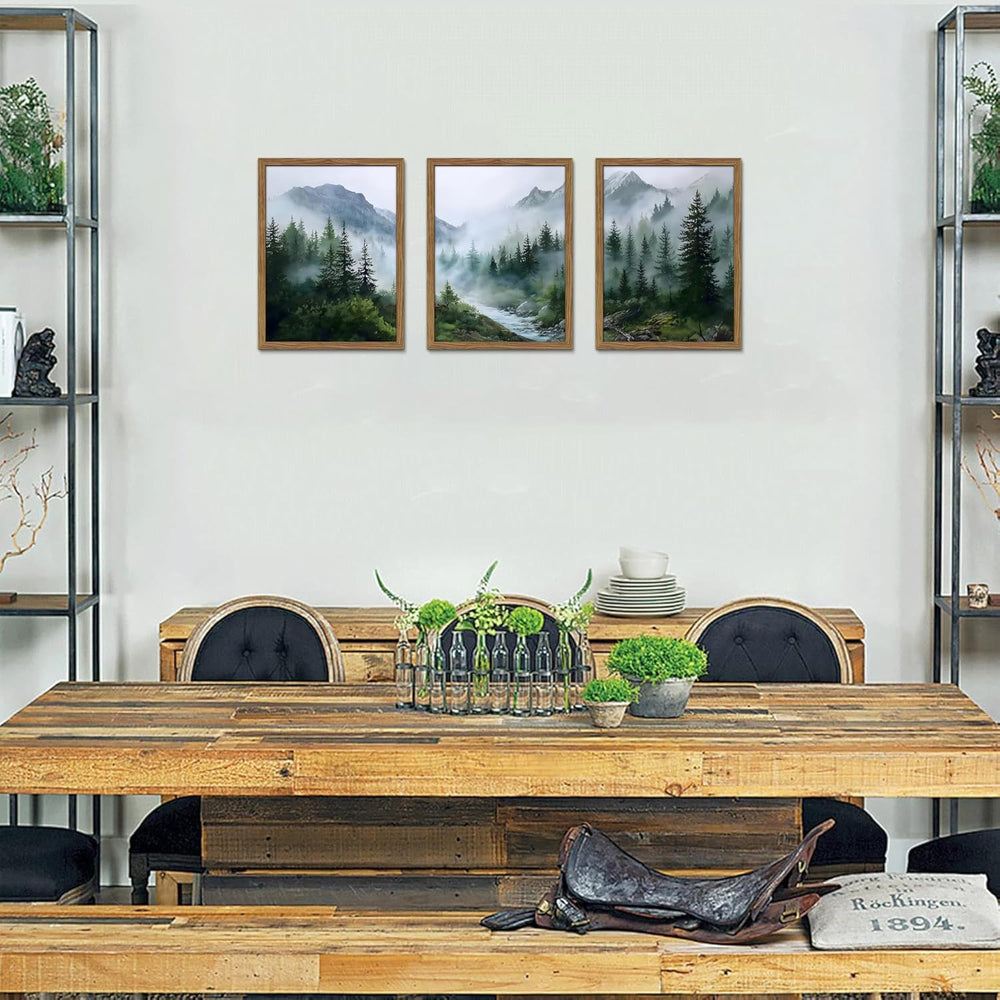 Framed Forest Wall Art Set of 3, Misty Mountain Landscape Canvas Wall Decor P...