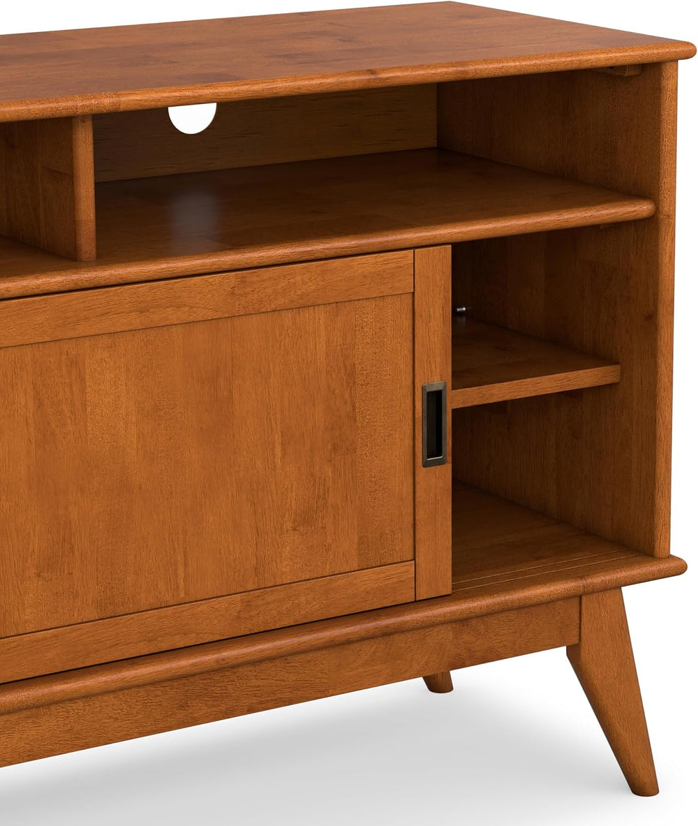 SIMPLIHOME Draper 54" Wide Solid Wood TV Stand in Teak Brown