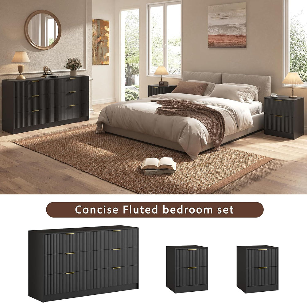 3-Piece Modern Bedroom Furniture Set, Black丨6-Drawer Dresser & 2-Drawer N...