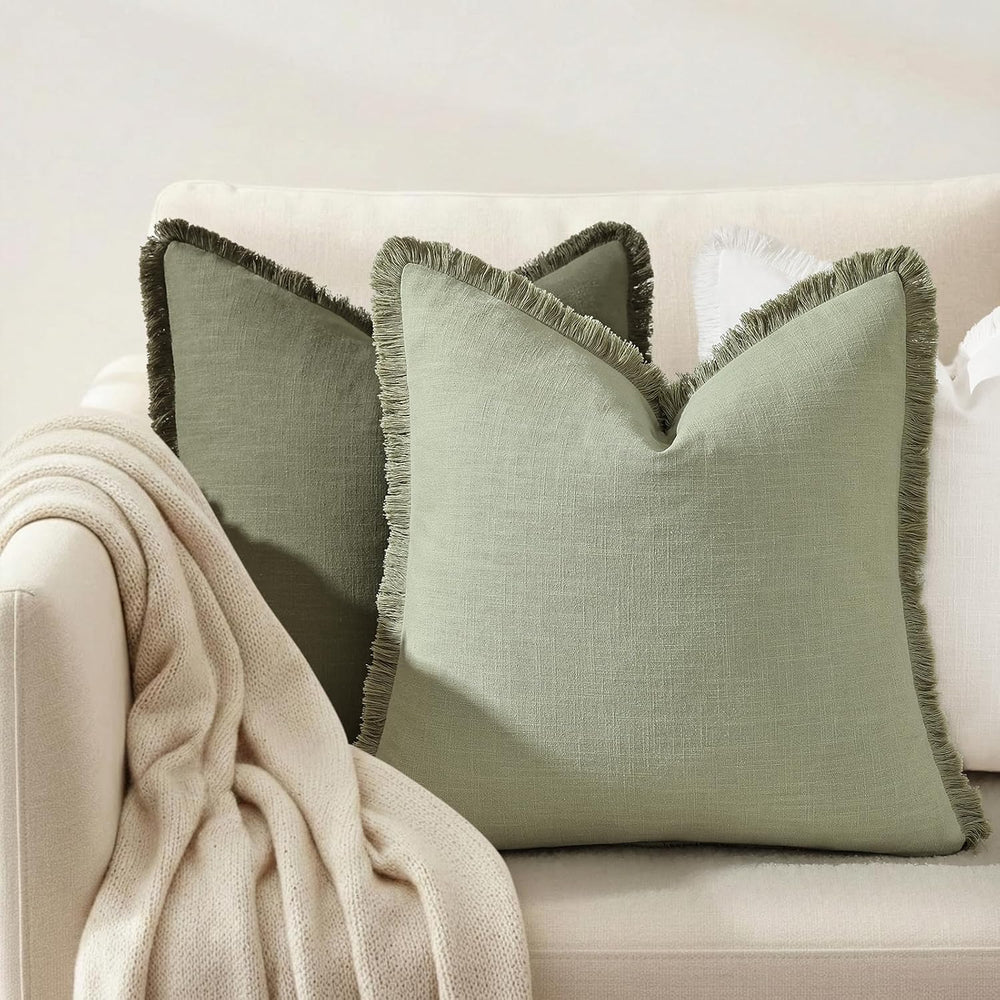 decorUhome Linen Fringe Sage Green Throw Pillow Covers 20x20 Set of 2