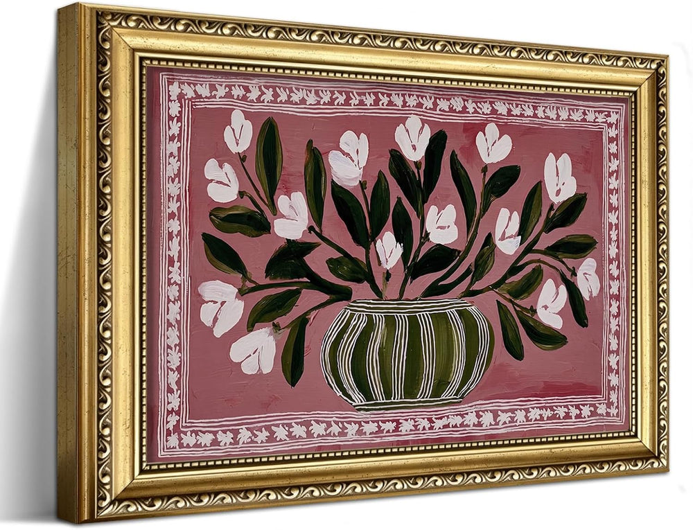 Gold Framed Vintage Floral Wall Art, Retro Vase White Flower Print, 16x24in
