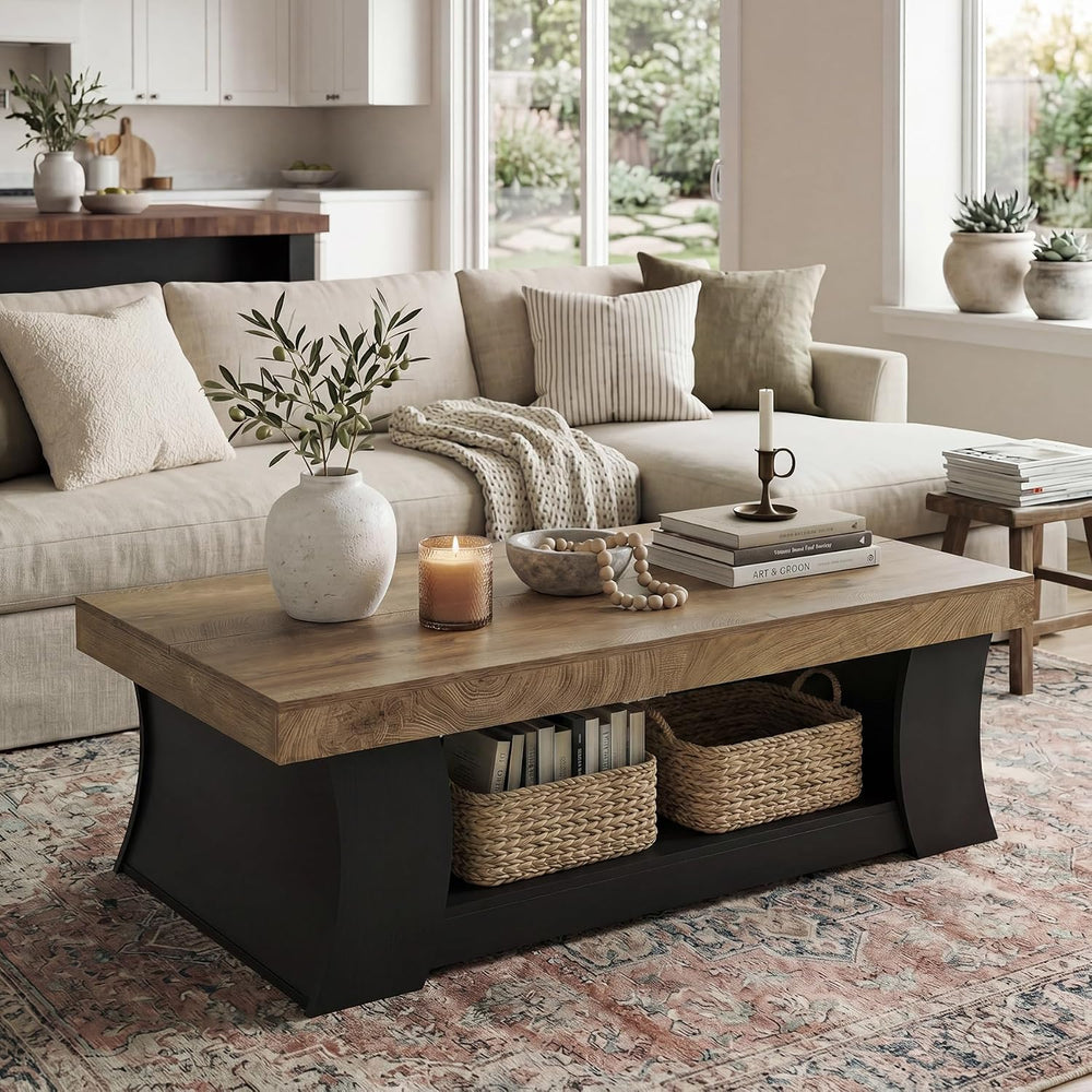 LITTLE TREE 55" Coffee Table, Living Room Table with Storage Shelf, Wood...