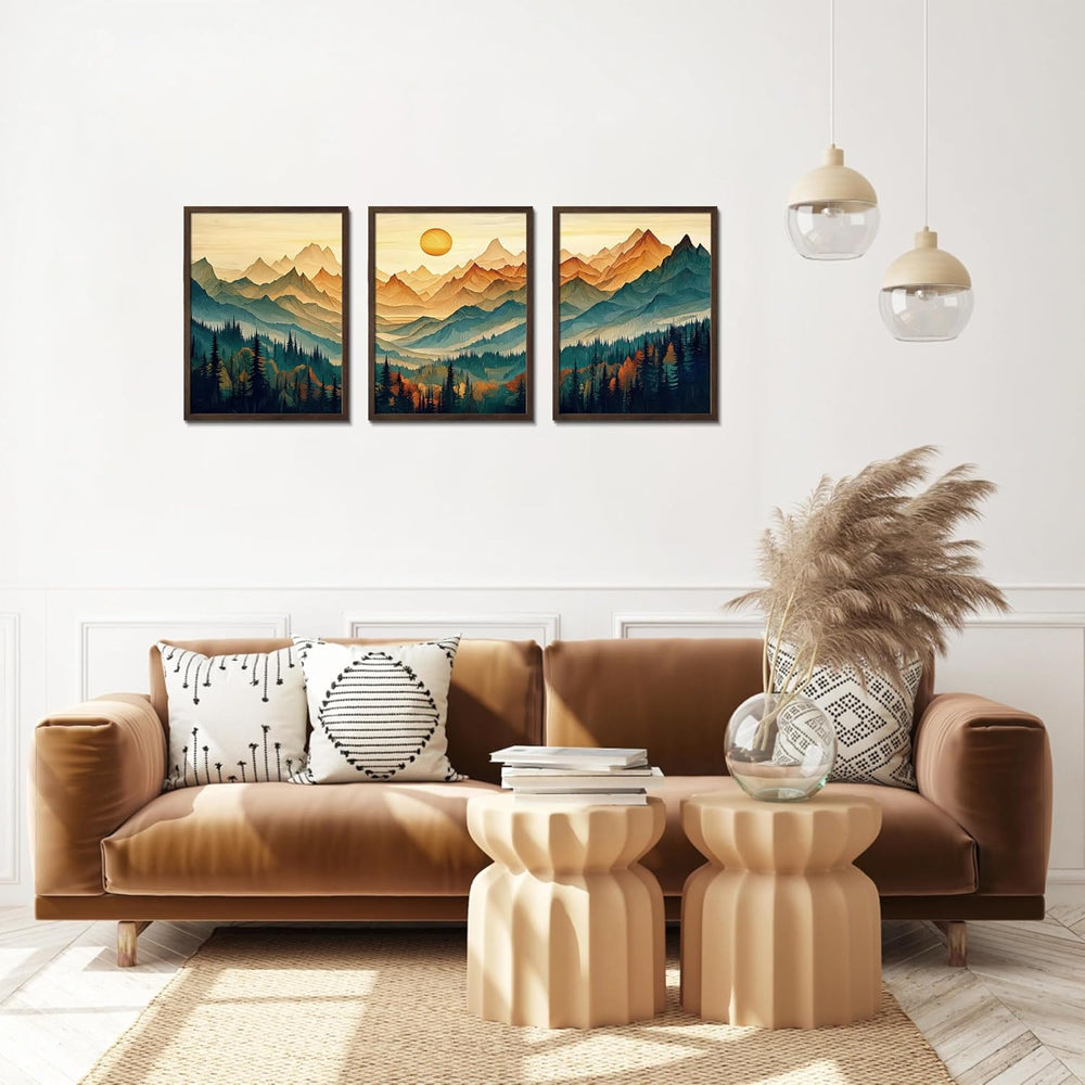 Mountain Wall Art Set of 3, Landscape Wall Decor, Teal Orange Forest Canvas P...