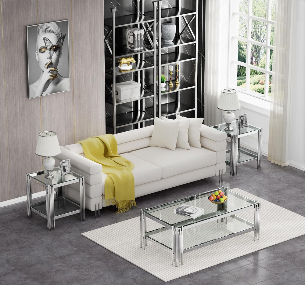 Henf 3-Piece Glass Living Room Table Set, 2-Tier Glass Coffee Table & 2 E...