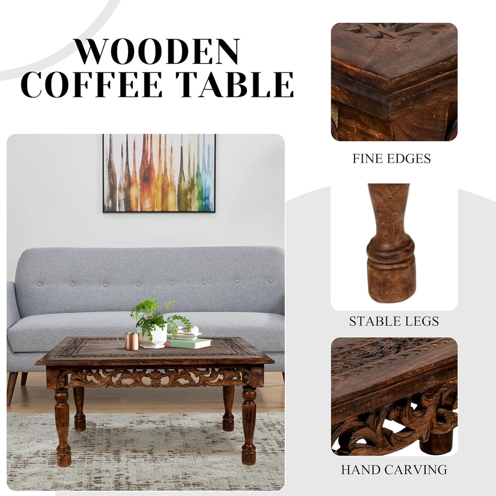 Coffee Table in Solid Wood With Hand Carving 38x24x18"_Burnt Rectangular