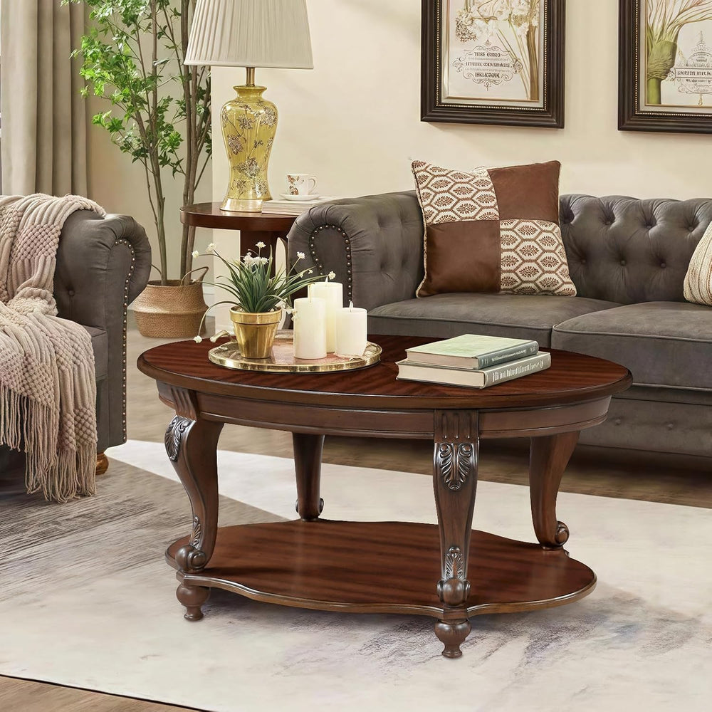 LKTART 42" Vintage Oval Coffee Table, 2 Tier with Storage Shelf, Cherry