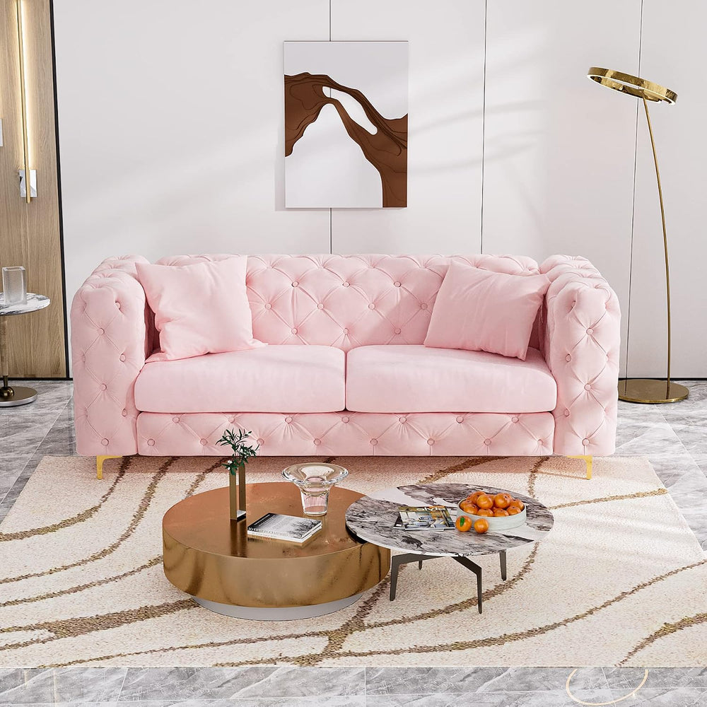 2-Piece 75" Mid Century Velvet Sofa Set, Tufted Back, Gold Metal Legs