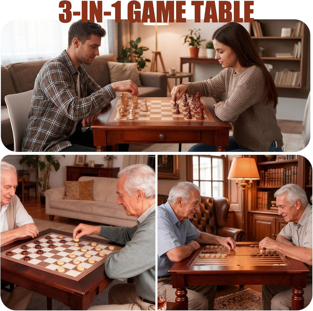 GSE Deluxe 3-in-1 Chess Checkers Backgammon Game Table Set with Game Pieces
