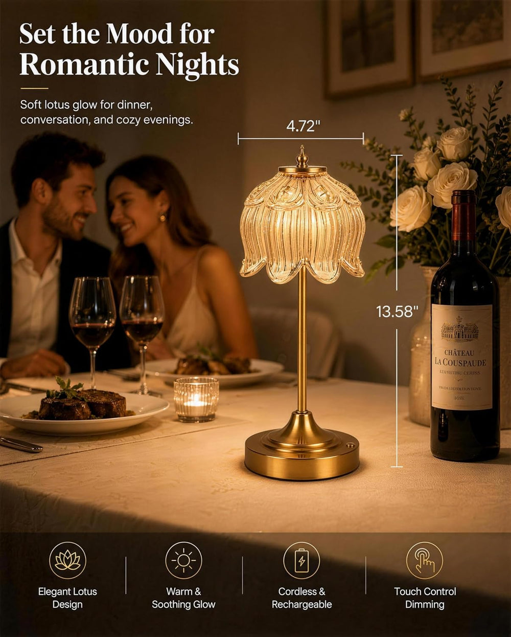 Lotus Flower Cordless Rechargeable Table Lamp, 3 Color Modes, Touch Control