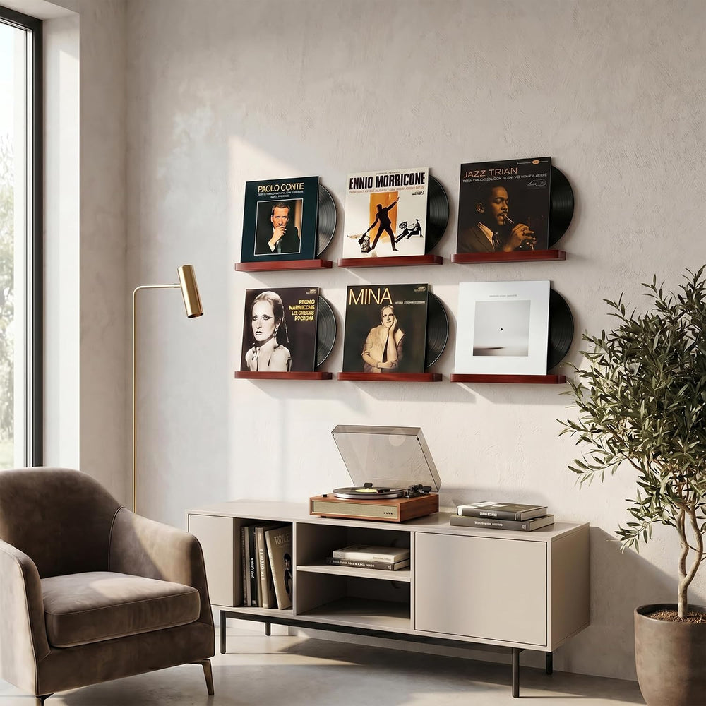 Heimlove Vinyl Wall Mount Solid Wood Record Shelf Display, Brown, 6 Pack